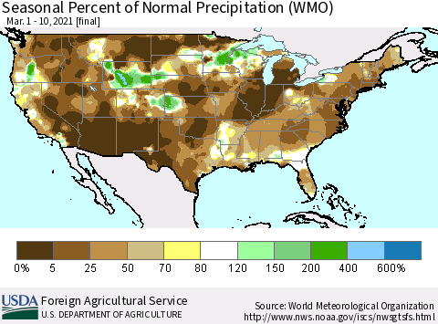 United States Seasonal Percent of Normal Precipitation (WMO) Thematic Map For 3/1/2021 - 3/10/2021