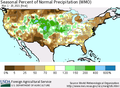 United States Seasonal Percent of Normal Precipitation (WMO) Thematic Map For 3/1/2021 - 3/20/2021