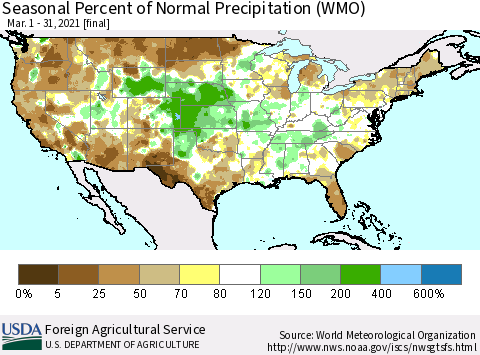 United States Seasonal Percent of Normal Precipitation (WMO) Thematic Map For 3/1/2021 - 3/31/2021