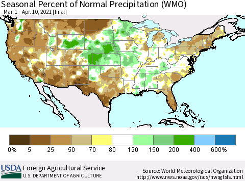United States Seasonal Percent of Normal Precipitation (WMO) Thematic Map For 3/1/2021 - 4/10/2021