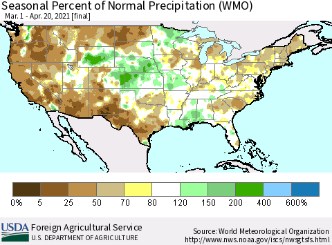 United States Seasonal Percent of Normal Precipitation (WMO) Thematic Map For 3/1/2021 - 4/20/2021