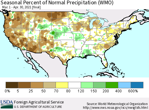 United States Seasonal Percent of Normal Precipitation (WMO) Thematic Map For 3/1/2021 - 4/30/2021