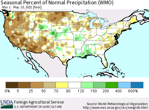 United States Seasonal Percent of Normal Precipitation (WMO) Thematic Map For 3/1/2021 - 5/10/2021