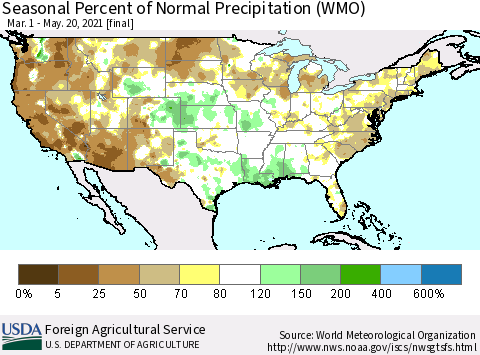 United States Seasonal Percent of Normal Precipitation (WMO) Thematic Map For 3/1/2021 - 5/20/2021