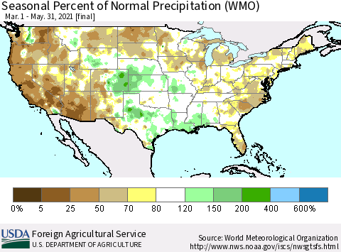 United States Seasonal Percent of Normal Precipitation (WMO) Thematic Map For 3/1/2021 - 5/31/2021