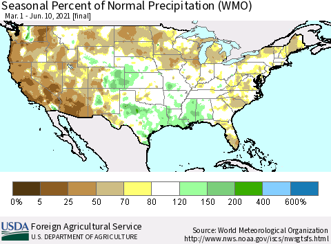 United States Seasonal Percent of Normal Precipitation (WMO) Thematic Map For 3/1/2021 - 6/10/2021