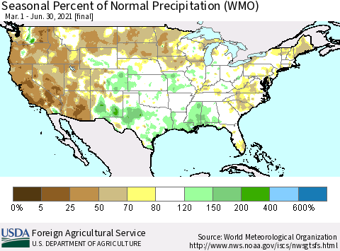 United States Seasonal Percent of Normal Precipitation (WMO) Thematic Map For 3/1/2021 - 6/30/2021