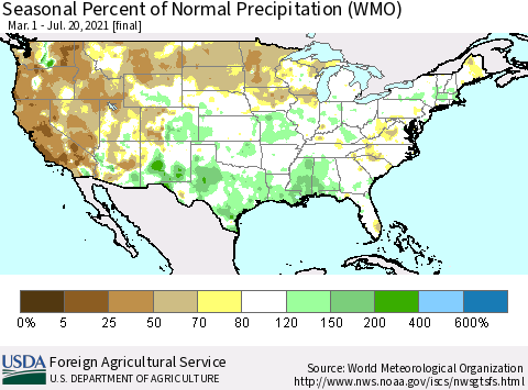 United States Seasonal Percent of Normal Precipitation (WMO) Thematic Map For 3/1/2021 - 7/20/2021