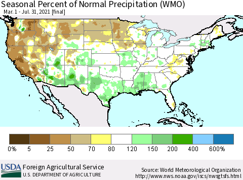 United States Seasonal Percent of Normal Precipitation (WMO) Thematic Map For 3/1/2021 - 7/31/2021