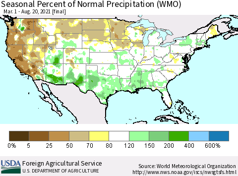 United States Seasonal Percent of Normal Precipitation (WMO) Thematic Map For 3/1/2021 - 8/20/2021