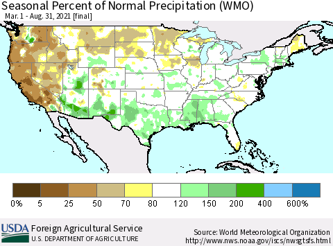 United States Seasonal Percent of Normal Precipitation (WMO) Thematic Map For 3/1/2021 - 8/31/2021