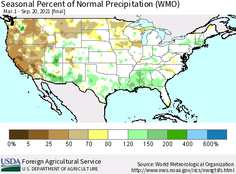 United States Seasonal Percent of Normal Precipitation (WMO) Thematic Map For 3/1/2021 - 9/20/2021