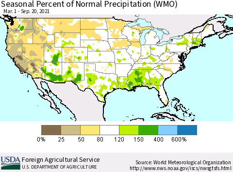 United States Seasonal Percent of Normal Precipitation (WMO) Thematic Map For 3/1/2021 - 9/20/2021