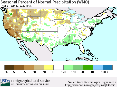 United States Seasonal Percent of Normal Precipitation (WMO) Thematic Map For 3/1/2021 - 9/30/2021
