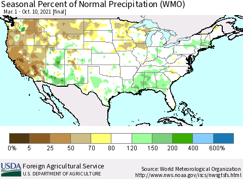 United States Seasonal Percent of Normal Precipitation (WMO) Thematic Map For 3/1/2021 - 10/10/2021