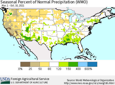 United States Seasonal Percent of Normal Precipitation (WMO) Thematic Map For 3/1/2021 - 10/10/2021