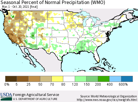 United States Seasonal Percent of Normal Precipitation (WMO) Thematic Map For 3/1/2021 - 10/20/2021
