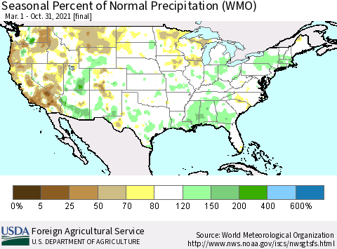 United States Seasonal Percent of Normal Precipitation (WMO) Thematic Map For 3/1/2021 - 10/31/2021