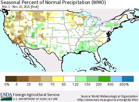 United States Seasonal Percent of Normal Precipitation (WMO) Thematic Map For 3/1/2021 - 11/10/2021