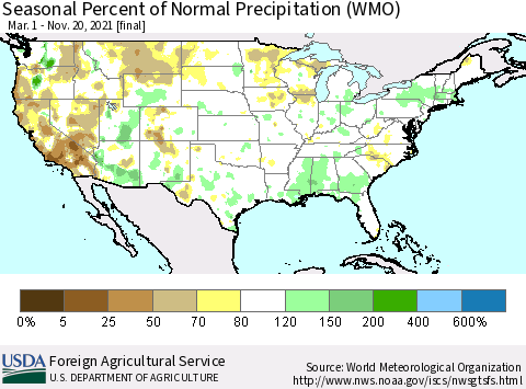 United States Seasonal Percent of Normal Precipitation (WMO) Thematic Map For 3/1/2021 - 11/20/2021