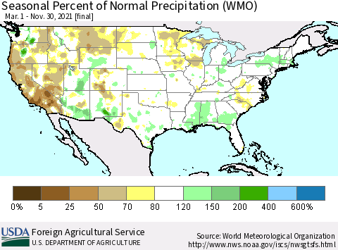 United States Seasonal Percent of Normal Precipitation (WMO) Thematic Map For 3/1/2021 - 11/30/2021