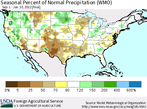 United States Seasonal Percent of Normal Precipitation (WMO) Thematic Map For 9/1/2021 - 1/10/2022