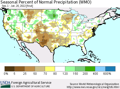 United States Seasonal Percent of Normal Precipitation (WMO) Thematic Map For 9/1/2021 - 1/20/2022