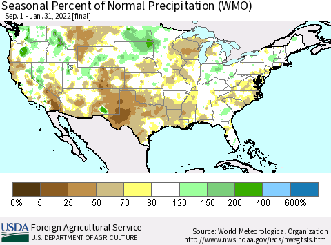 United States Seasonal Percent of Normal Precipitation (WMO) Thematic Map For 9/1/2021 - 1/31/2022