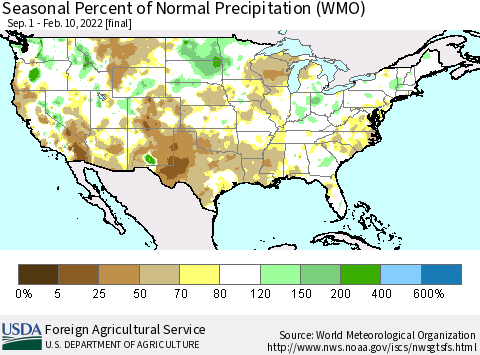 United States Seasonal Percent of Normal Precipitation (WMO) Thematic Map For 9/1/2021 - 2/10/2022