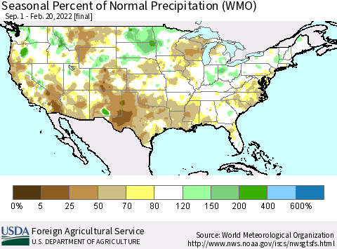 United States Seasonal Percent of Normal Precipitation (WMO) Thematic Map For 9/1/2021 - 2/20/2022