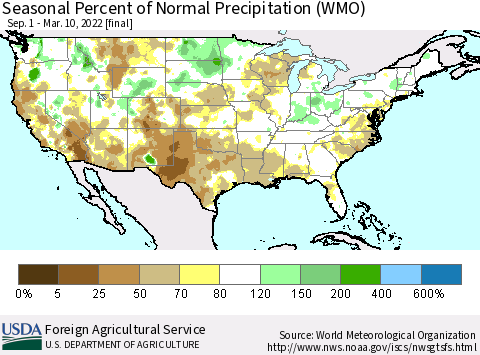 United States Seasonal Percent of Normal Precipitation (WMO) Thematic Map For 9/1/2021 - 3/10/2022
