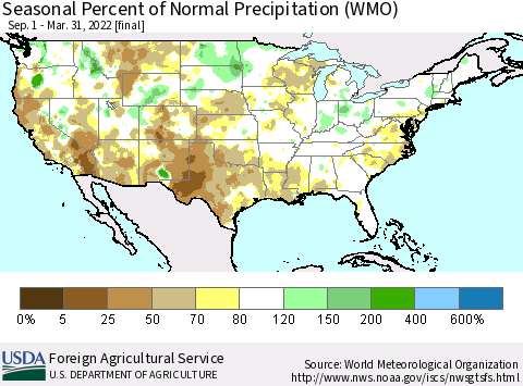 United States Seasonal Percent of Normal Precipitation (WMO) Thematic Map For 9/1/2021 - 3/31/2022