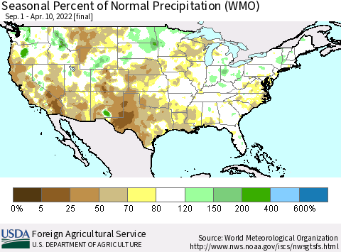 United States Seasonal Percent of Normal Precipitation (WMO) Thematic Map For 9/1/2021 - 4/10/2022