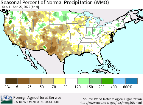 United States Seasonal Percent of Normal Precipitation (WMO) Thematic Map For 9/1/2021 - 4/20/2022