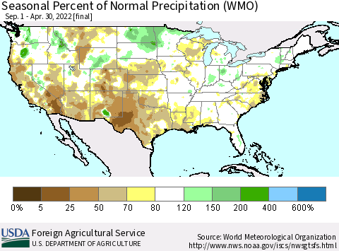 United States Seasonal Percent of Normal Precipitation (WMO) Thematic Map For 9/1/2021 - 4/30/2022