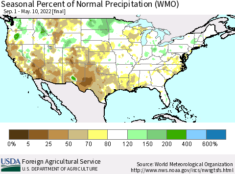 United States Seasonal Percent of Normal Precipitation (WMO) Thematic Map For 9/1/2021 - 5/10/2022