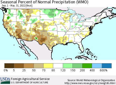 United States Seasonal Percent of Normal Precipitation (WMO) Thematic Map For 9/1/2021 - 5/31/2022