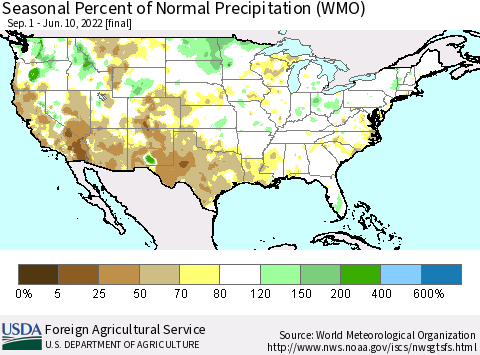 United States Seasonal Percent of Normal Precipitation (WMO) Thematic Map For 9/1/2021 - 6/10/2022