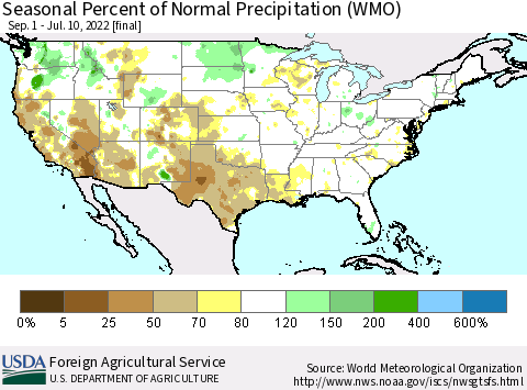 United States Seasonal Percent of Normal Precipitation (WMO) Thematic Map For 9/1/2021 - 7/10/2022