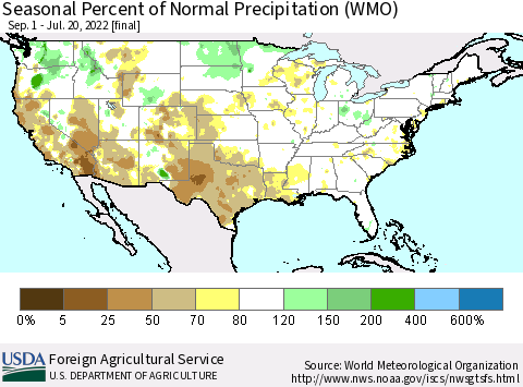 United States Seasonal Percent of Normal Precipitation (WMO) Thematic Map For 9/1/2021 - 7/20/2022