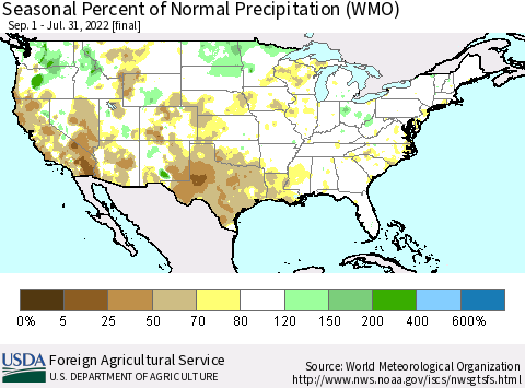 United States Seasonal Percent of Normal Precipitation (WMO) Thematic Map For 9/1/2021 - 7/31/2022