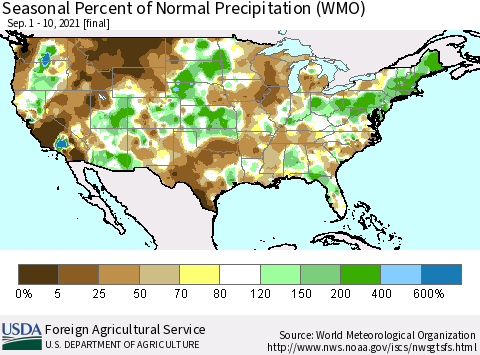 United States Seasonal Percent of Normal Precipitation (WMO) Thematic Map For 9/1/2021 - 9/10/2021