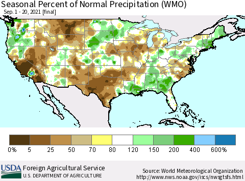 United States Seasonal Percent of Normal Precipitation (WMO) Thematic Map For 9/1/2021 - 9/20/2021