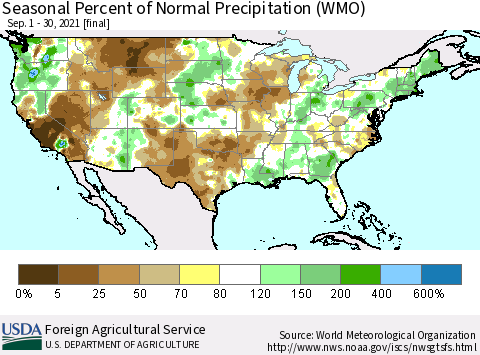 United States Seasonal Percent of Normal Precipitation (WMO) Thematic Map For 9/1/2021 - 9/30/2021