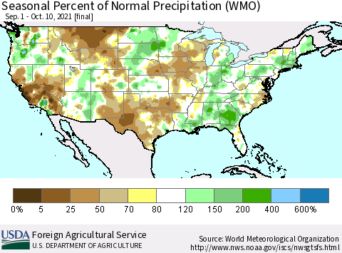 United States Seasonal Percent of Normal Precipitation (WMO) Thematic Map For 9/1/2021 - 10/10/2021