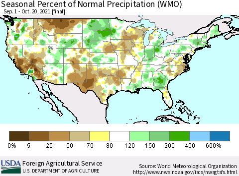 United States Seasonal Percent of Normal Precipitation (WMO) Thematic Map For 9/1/2021 - 10/20/2021
