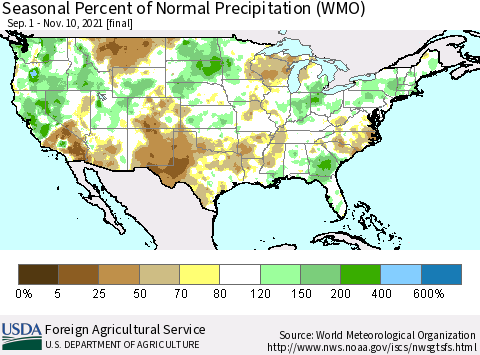 United States Seasonal Percent of Normal Precipitation (WMO) Thematic Map For 9/1/2021 - 11/10/2021