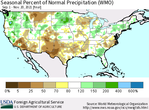 United States Seasonal Percent of Normal Precipitation (WMO) Thematic Map For 9/1/2021 - 11/20/2021