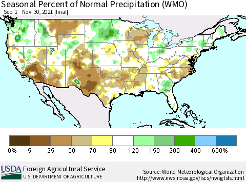 United States Seasonal Percent of Normal Precipitation (WMO) Thematic Map For 9/1/2021 - 11/30/2021