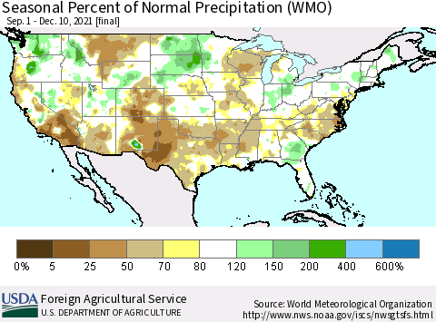 United States Seasonal Percent of Normal Precipitation (WMO) Thematic Map For 9/1/2021 - 12/10/2021